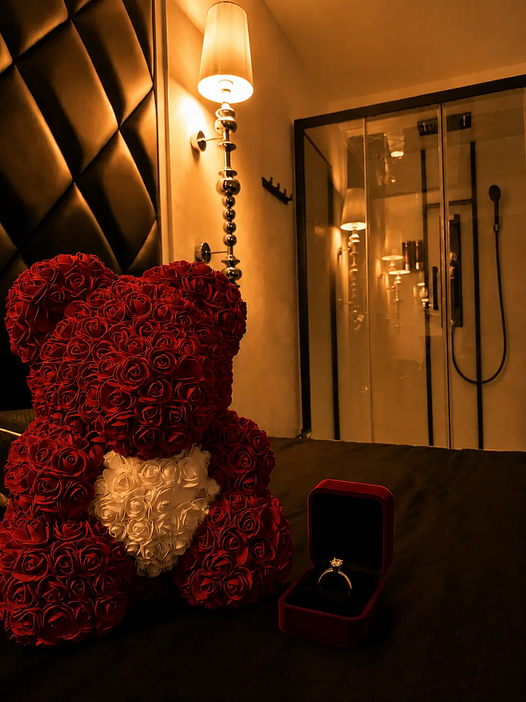 Teddy bear holding an engagement ring at La Duchesse 1976