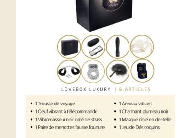 descriptif de la Love Box Luxury Loving Up Paris avec 8 accessoires pour couple à Le Petit Versailles à Vernon en Normandie